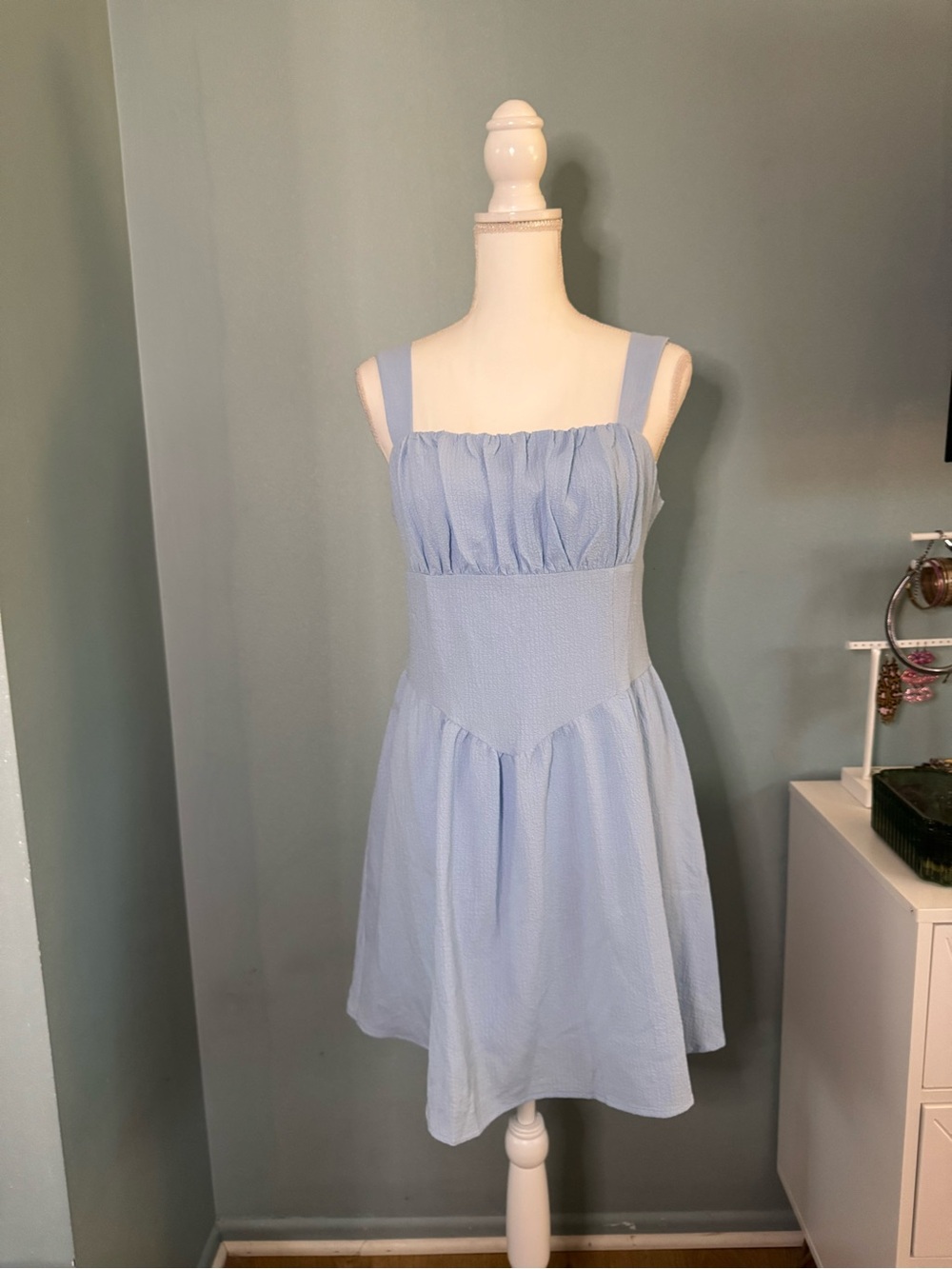 Light Blue Boutique Square-Neck Sundress - Women Garden Dress lined Small